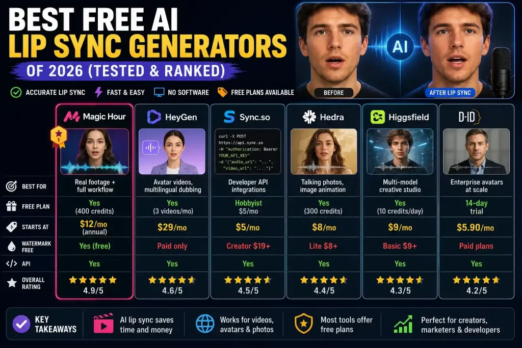 Best Free AI Lip Sync Generators of 2026 (Ranked)
