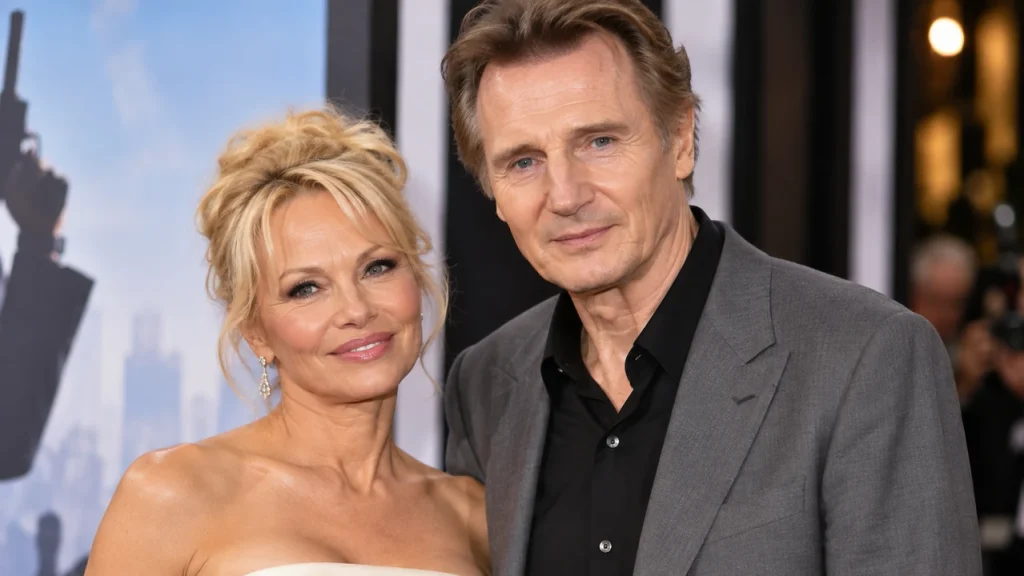 Liam Neeson and Pamela Anderson at a movie premiere during their The Naked Gun era.