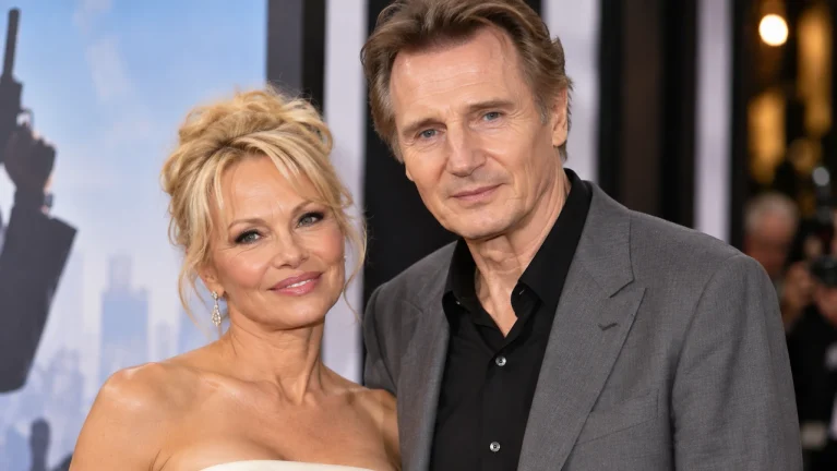 Liam Neeson and Pamela Anderson at a movie premiere during their The Naked Gun era.