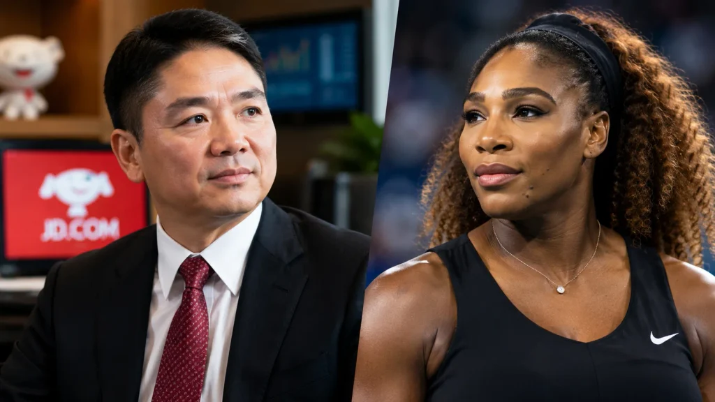 Richard Liu and Serena Williams shown in a split editorial portrait representing technology entrepreneurship and professional tennis.