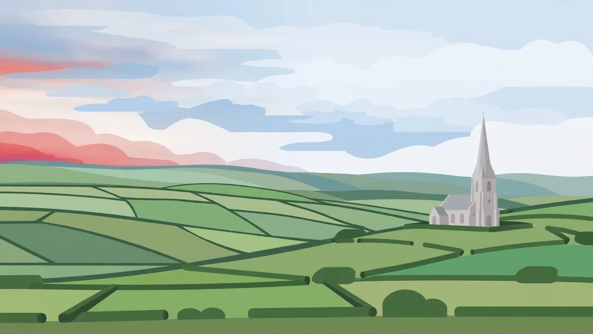 Stylized vector illustration of the English Norfolk countryside with a stone church representing Abraham Lincoln's English ancestry