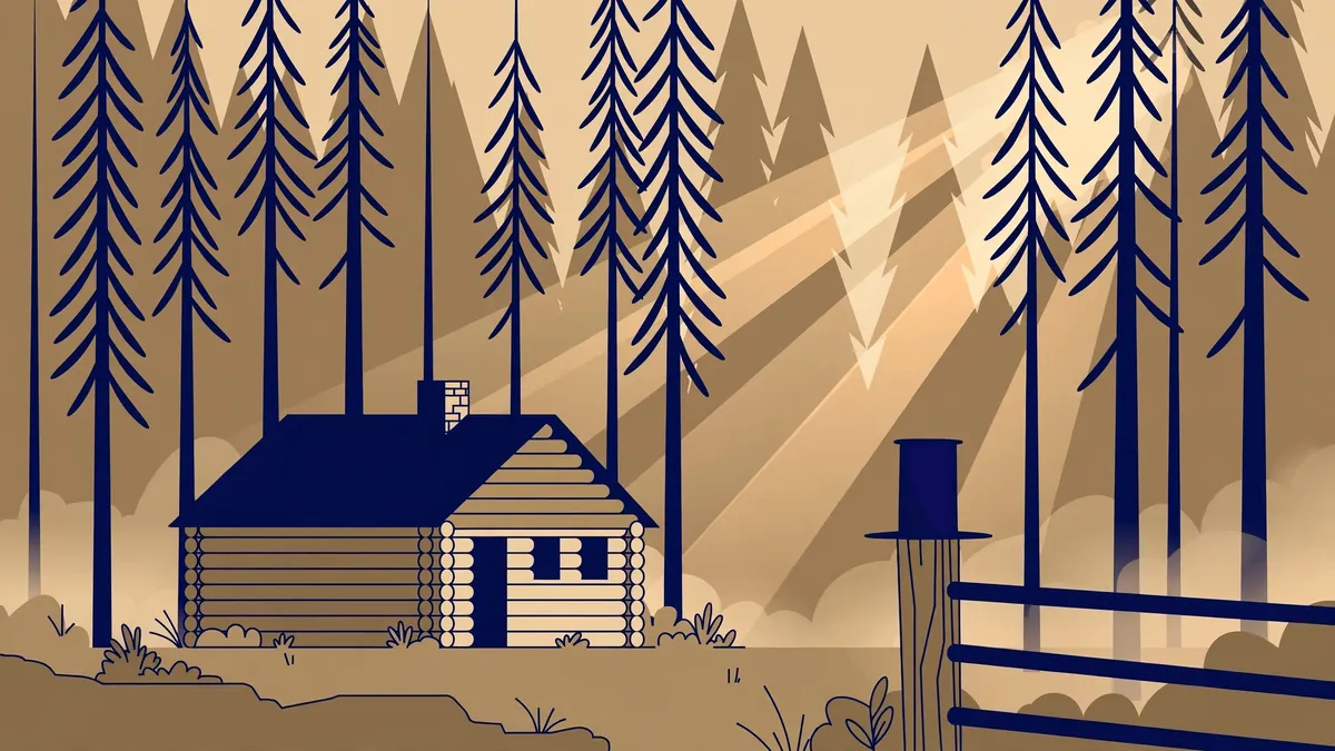 Stylized vector illustration of a log cabin at dawn with a stovepipe hat representing Abraham Lincoln