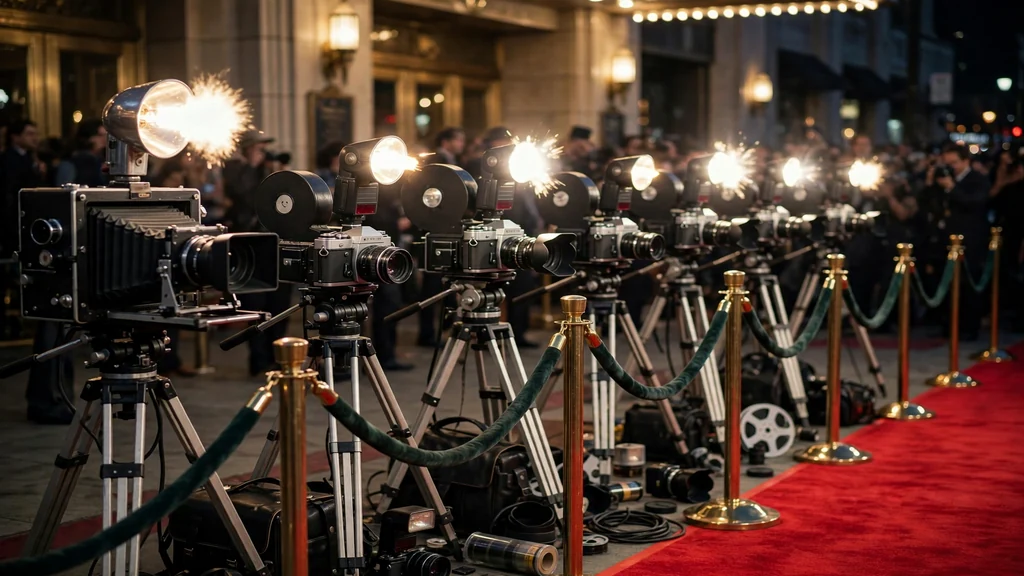 Vintage 2000s Hollywood movie premiere with flashing cameras