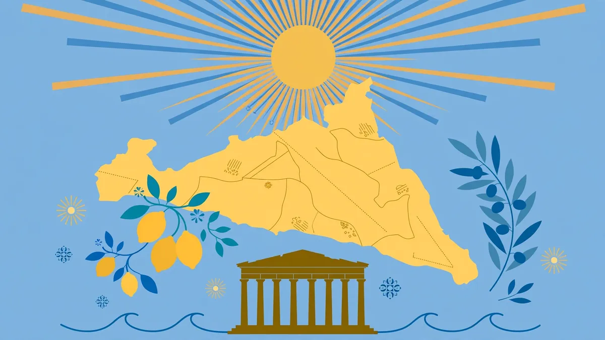 Stylized vector illustration of Sicily with sun motifs, citrus, and olive branches representing Al Pacino's Sicilian heritage