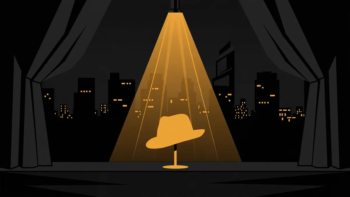 Stylized vector illustration of a noir theater stage with fedora silhouette representing Al Pacino's film career