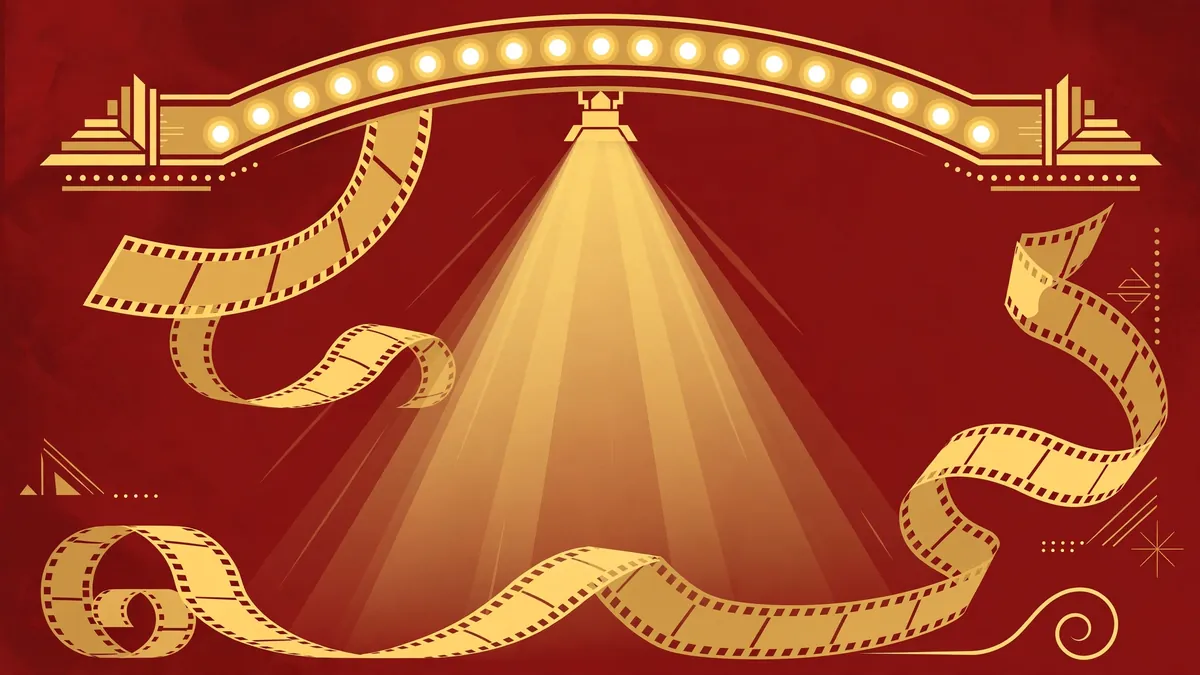Stylized vector illustration of a vintage cinema marquee with film strips representing Al Pacino's Hollywood career