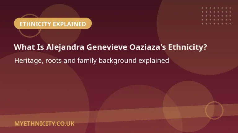 Stylized editorial graphic asking about Alejandra Genevieve Oaziaza's ethnicity