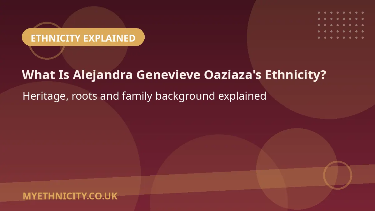 Stylized editorial graphic asking about Alejandra Genevieve Oaziaza's ethnicity