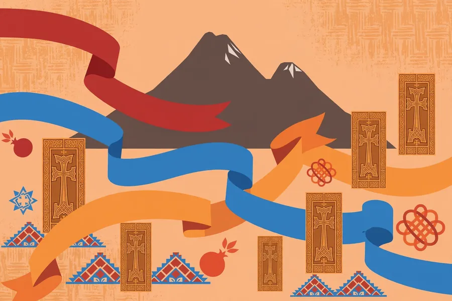 Stylized editorial illustration of Armenian cultural heritage motifs including the Armenian flag colors, Mount Ararat silhouette, and khachkar stone-cross patterns in flat vector style