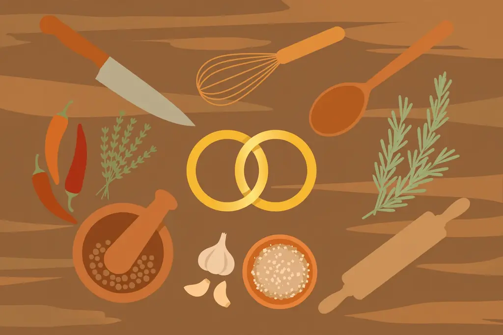 Stylized flat illustration of chef's tools and wedding rings representing Aliza Barber, the chef wife of actor Lance Barber