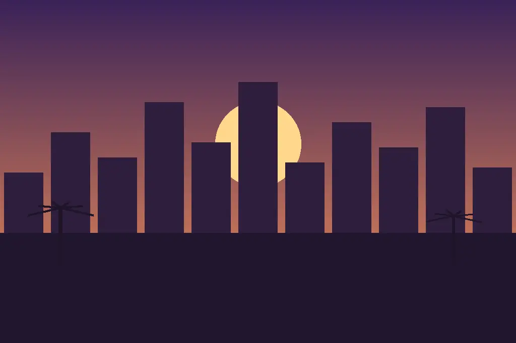 Stylized editorial illustration of the Los Angeles skyline at dusk, where chef Aliza Barber lives with her family