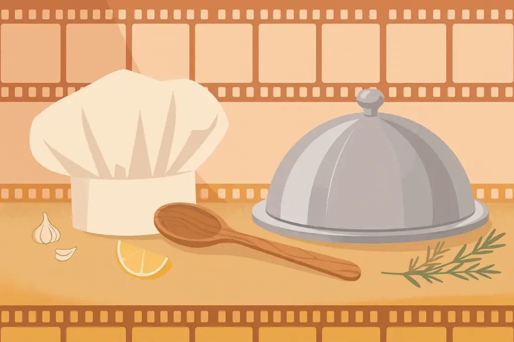 Stylized editorial illustration of a chef's hat, cloche and film motifs representing Aliza Barber, chef and wife of actor Lance Barber