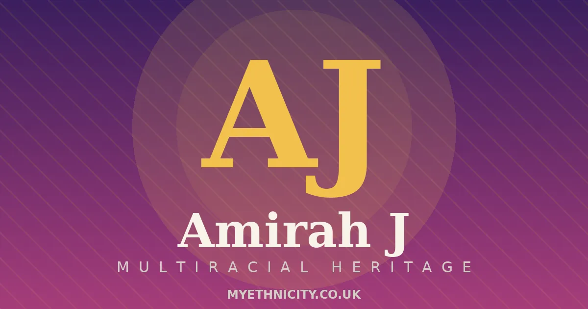 Stylized editorial graphic of Amirah J with violet and gold tones and monogram
