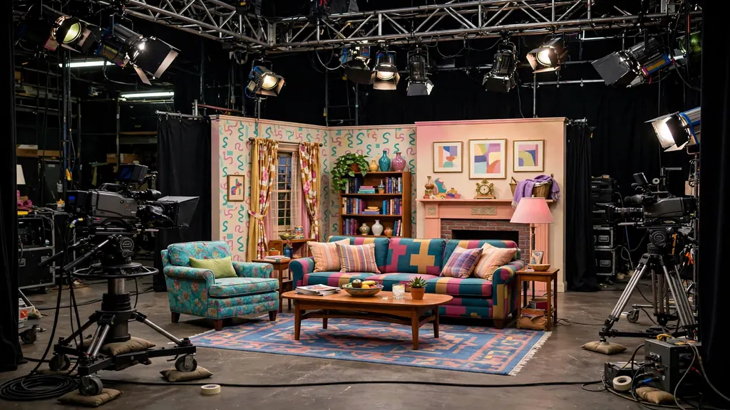 1990s sitcom TV studio set with bright living room