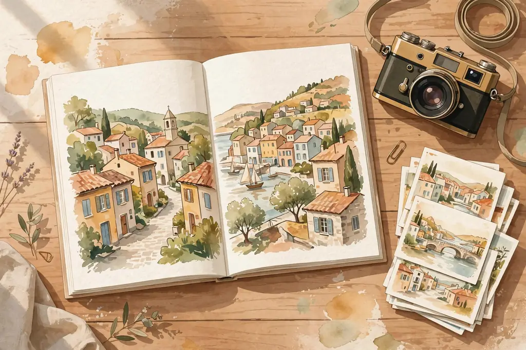 Illustrated travel guidebook with watercolor European village scenes and a vintage film camera on a wooden desk