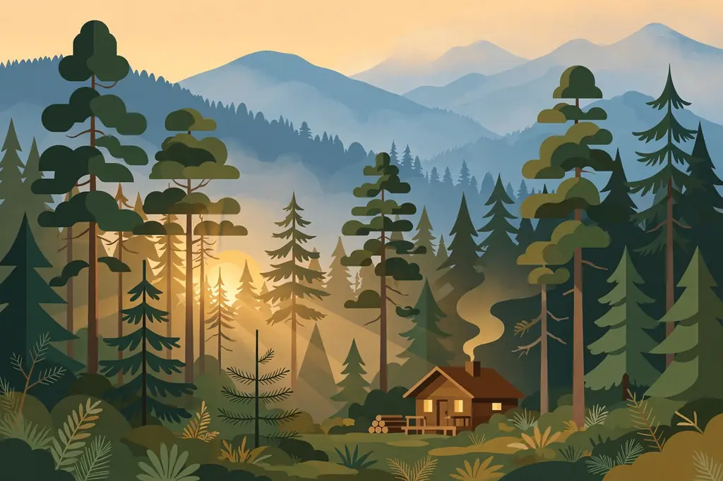 Pacific Northwest evergreen forest with a small cabin, evoking Anne Steves' Washington State roots