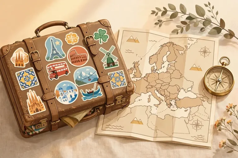 Stylized illustration of a vintage travel suitcase with Europe travel stickers representing Anne Steves, the former wife of Rick Steves