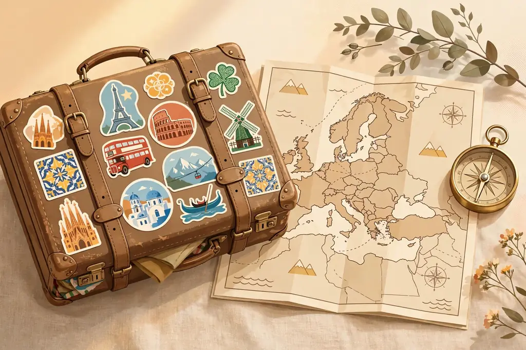 Stylized illustration of a vintage travel suitcase with Europe travel stickers representing Anne Steves, the former wife of Rick Steves
