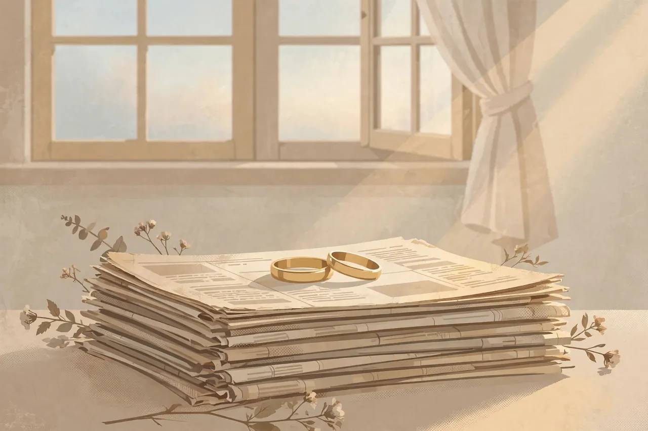 Illustration of two gold wedding rings on vintage newspaper clippings, symbolizing the quiet marriage of Antonimar Mello and Lisa Lisa