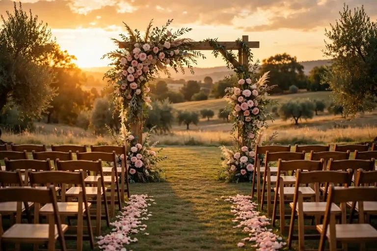 Outdoor wedding ceremony at sunset