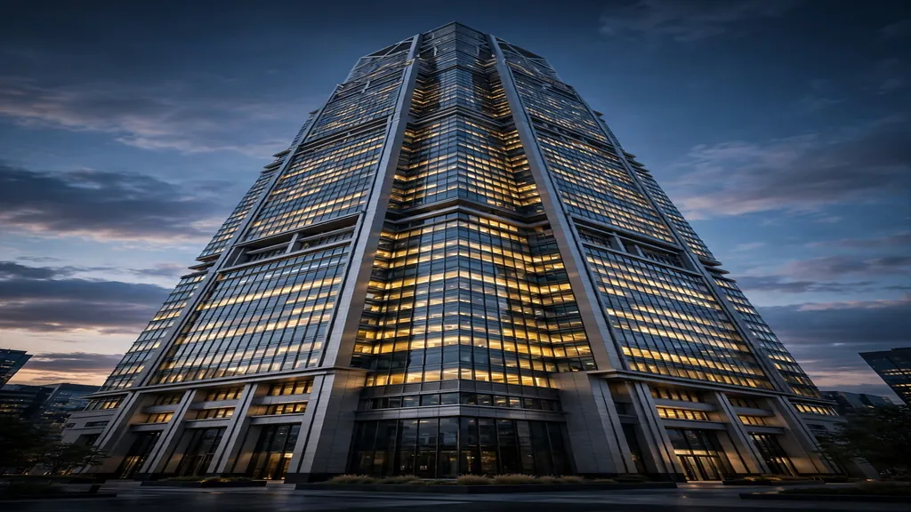 Modern bank headquarters skyscraper at dusk