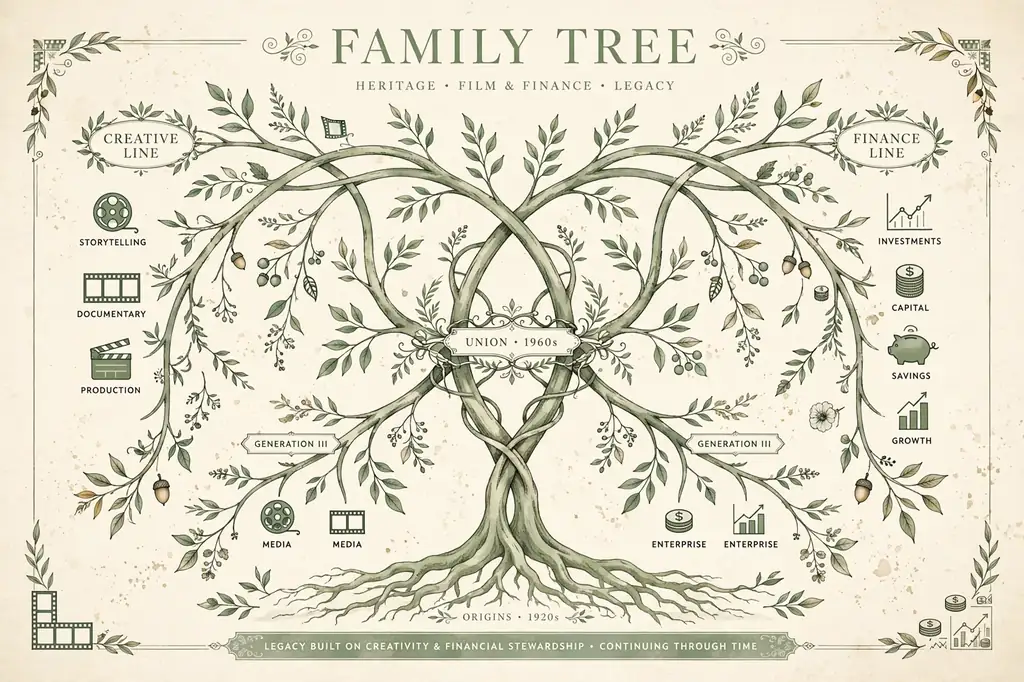 Stylized editorial illustration of a family tree graphic with film-strip and finance motifs, symbolizing Bayard Martensen's connection to the Carver acting family