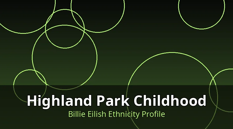 Editorial graphic representing Billie Eilish's Highland Park childhood with neon green accents