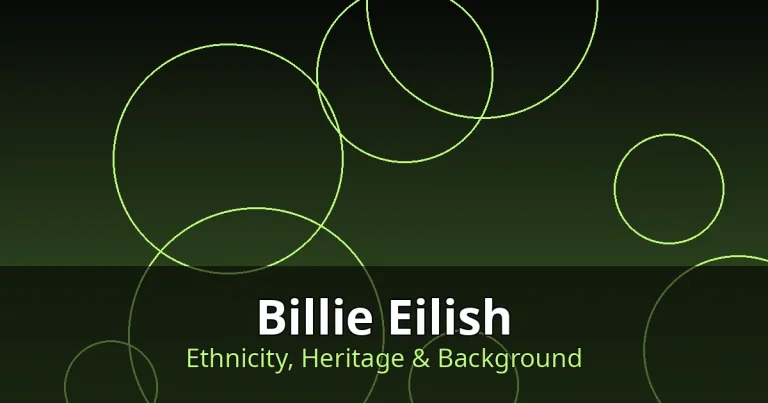 Stylized editorial graphic with neon green circular motifs for Billie Eilish's Irish-Scottish ethnicity profile