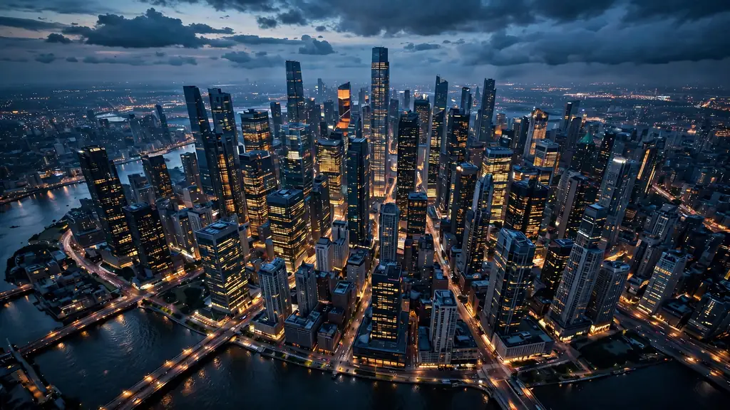 City skyline at dusk with towering skyscrapers
