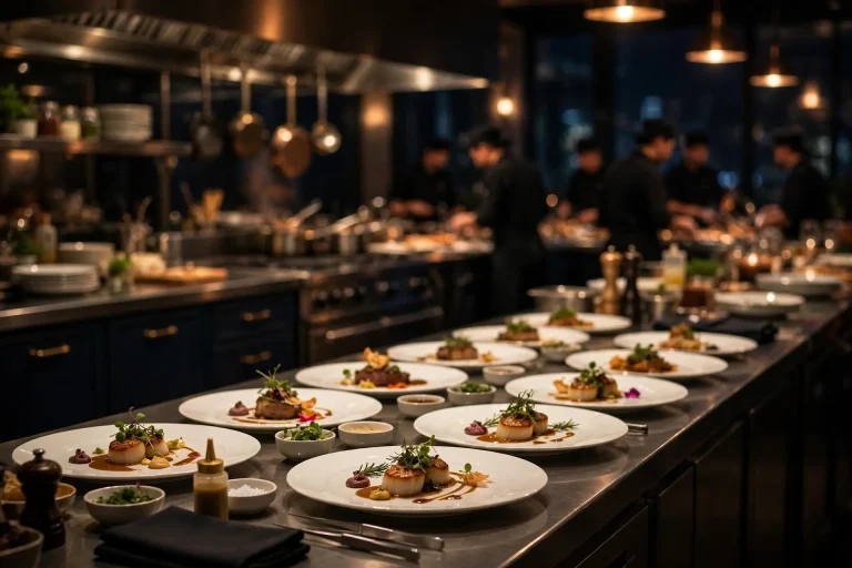 elegant restaurant kitchen at night