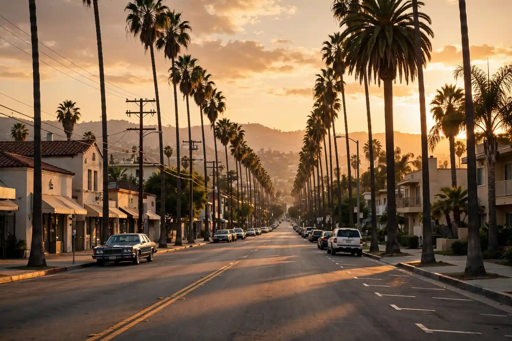 Los Angeles palm tree lined street at sunset