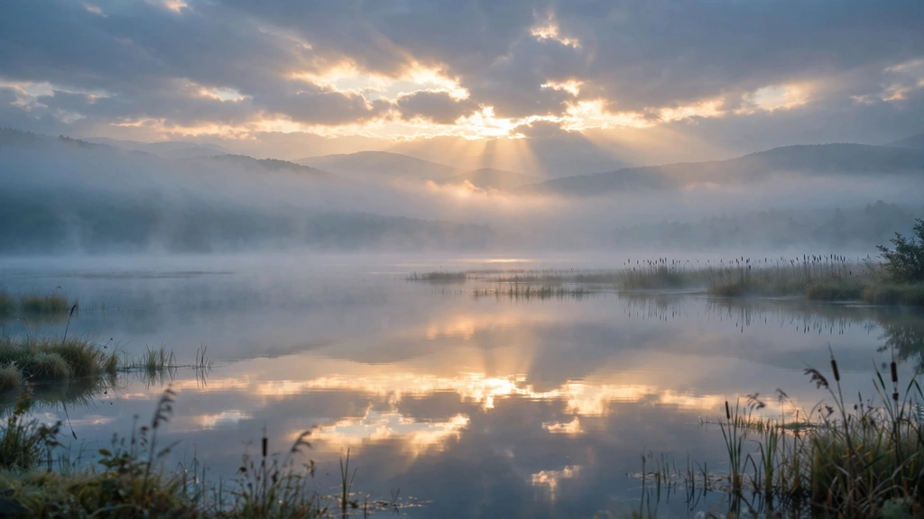 Peaceful sunrise over a calm lake with soft mist
