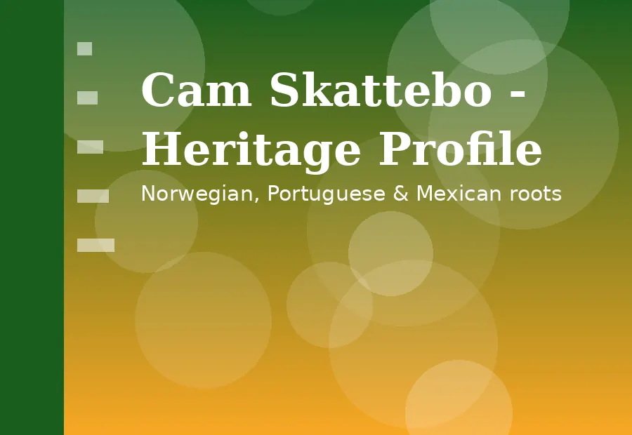 Stylized editorial graphic about Cam Skattebo's Norwegian Portuguese and Mexican heritage with green gradient
