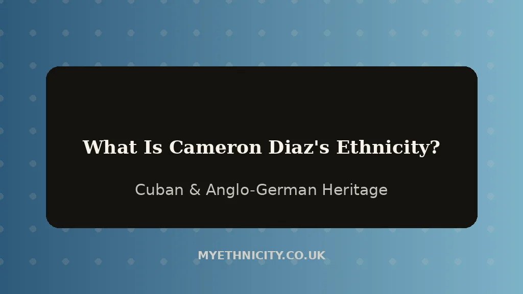 Stylized editorial graphic asking what Cameron Diaz's ethnicity is, in sky blue and sand tones