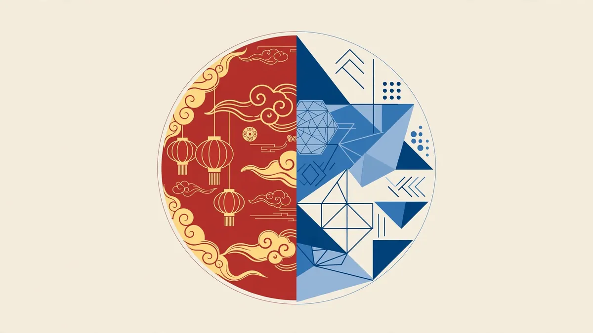 Stylized vector illustration of blended Chinese and Western cultural motifs representing Carl's half-Chinese heritage