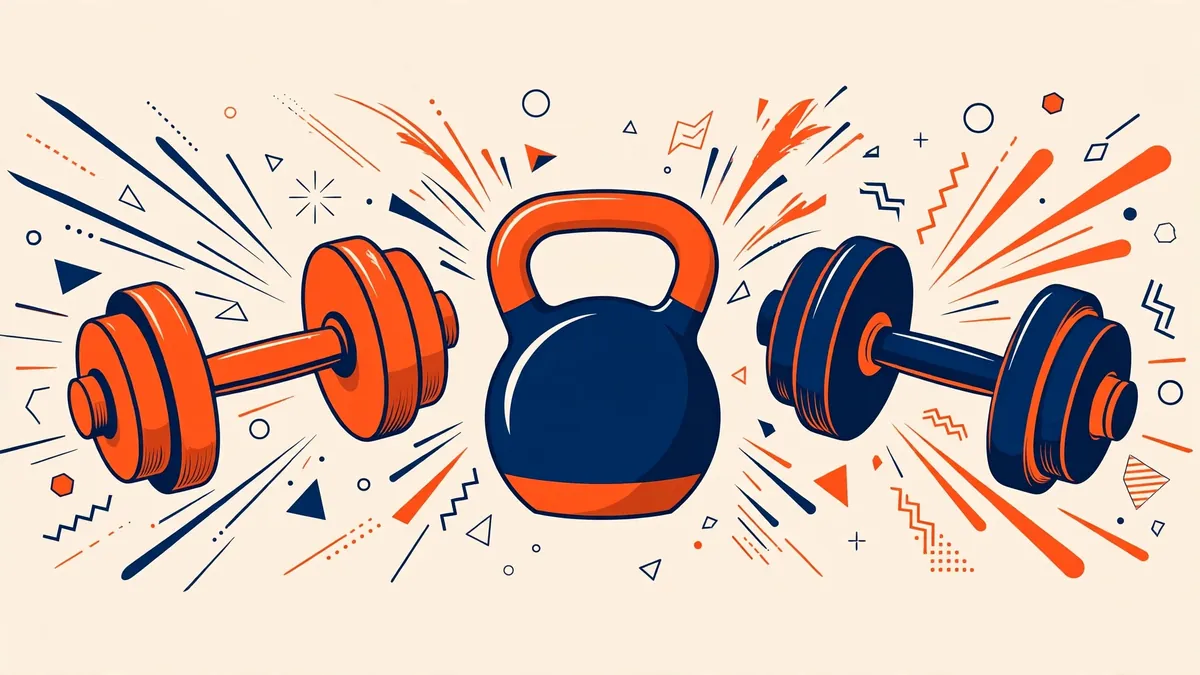 Stylized vector illustration of a fitness gym scene with dumbbells representing Carl's personal training career