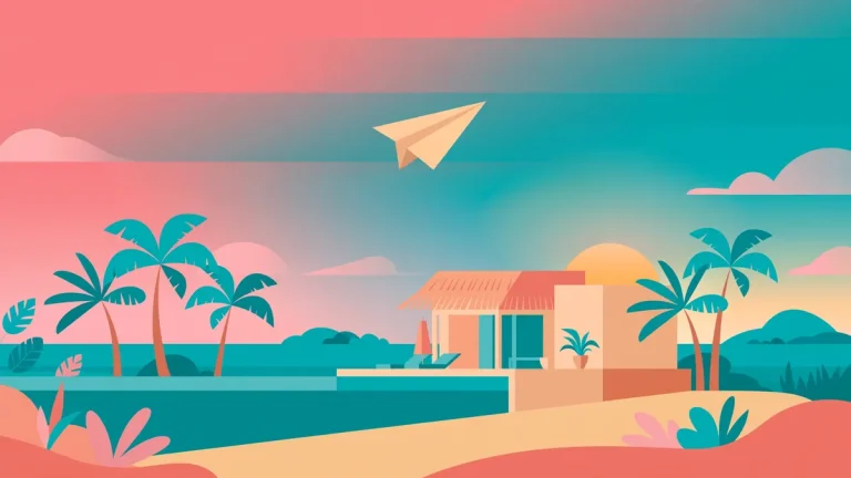 Stylized vector illustration of a tropical Love Island villa at sunset representing Carl Lee Schmidt