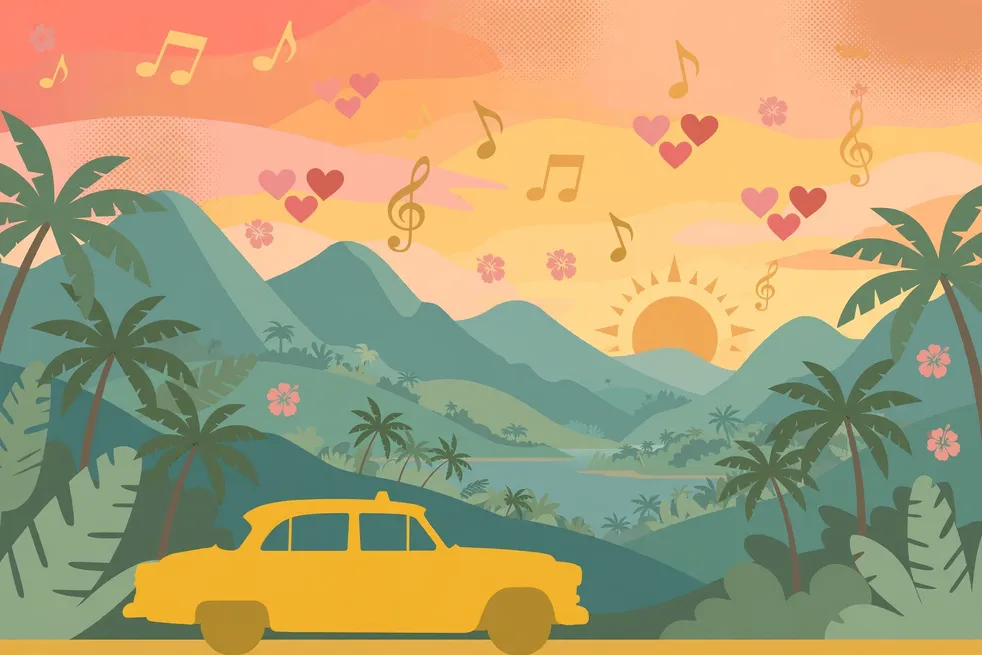 Editorial illustration of a tropical Dominican landscape with palm trees and a yellow New York taxi, symbolizing his journey from the Dominican Republic to the Bronx
