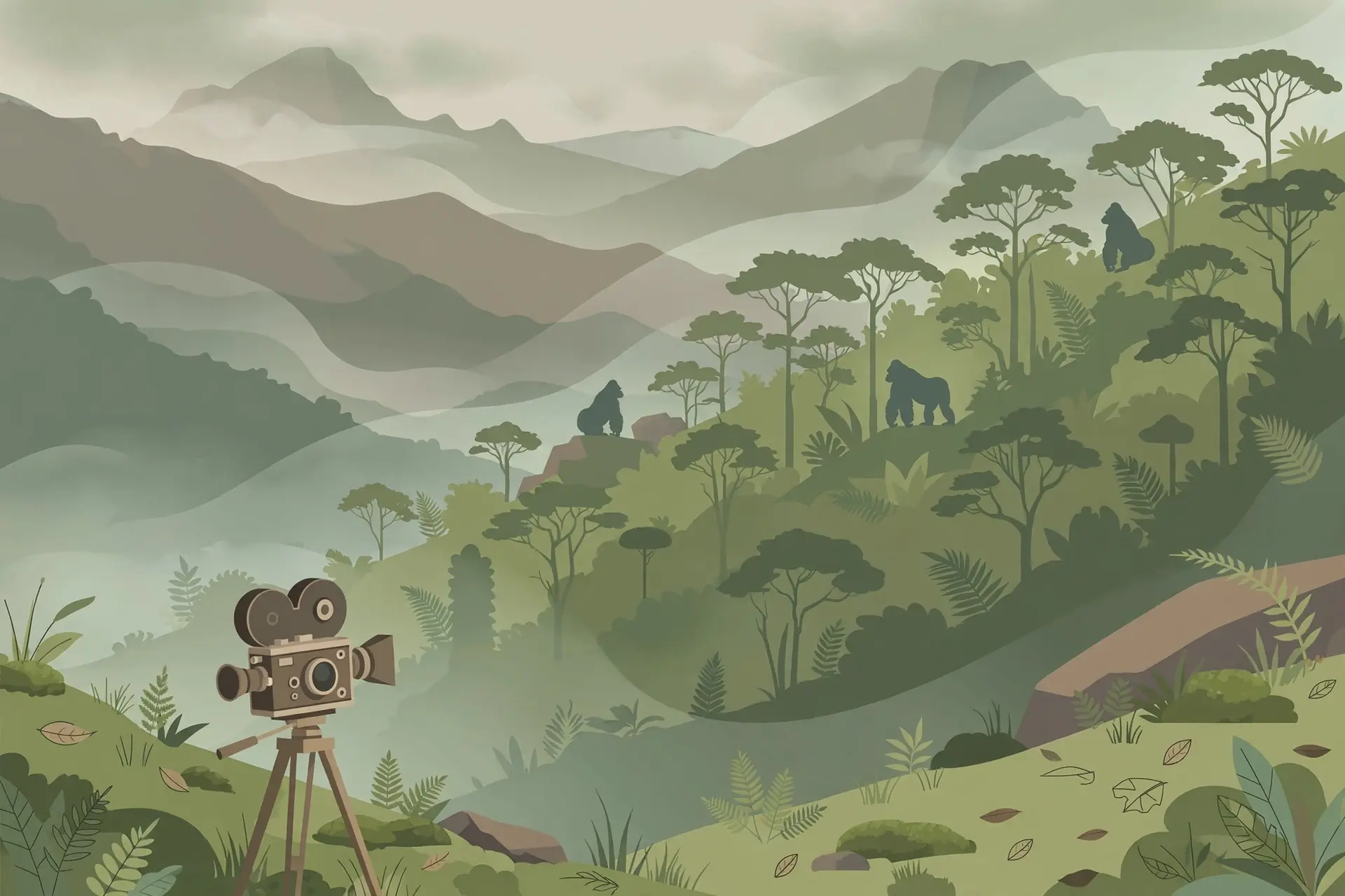 Stylized illustration of a documentary film expedition in misty African mountains with gorillas, evoking Carlos Scola Pliego's African documentaries