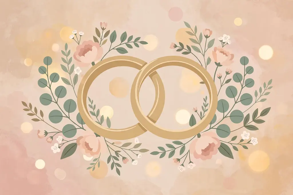 Stylized illustration of wedding rings and soft floral shapes representing Carolin Bacic's private marriage and family life