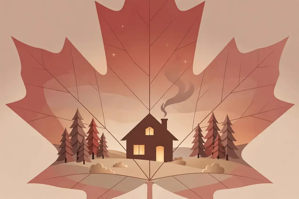 Soft-focus stylized illustration of a Canadian maple leaf motif blended with family-home imagery