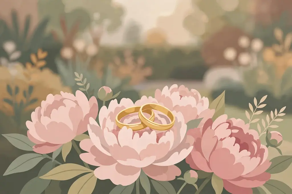 Stylized editorial illustration representing Carolin Bacic, wife of actor Steve Bacic — wedding rings and soft floral motifs