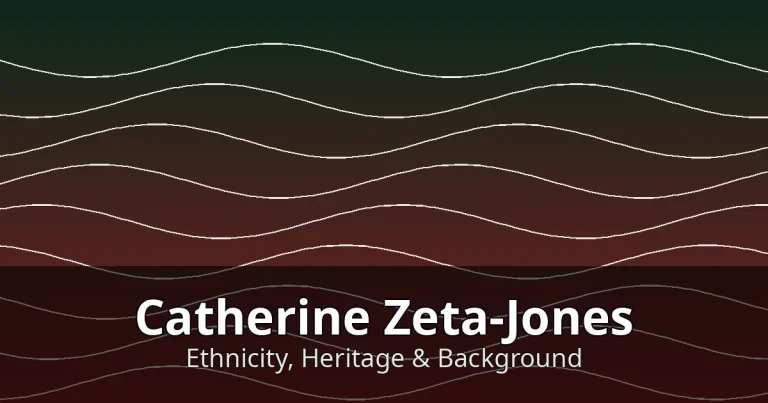 Stylized editorial graphic with green and red Welsh-inspired wave motifs for Catherine Zeta-Jones's ethnicity profile