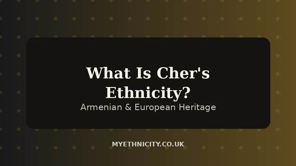 Stylized editorial graphic asking what Cher's ethnicity is, in black and gold tones