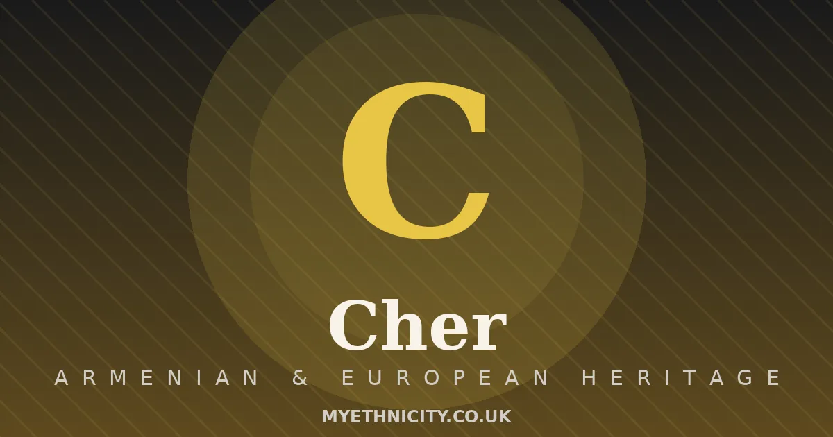 Stylized editorial graphic of Cher with black and gold tones and monogram