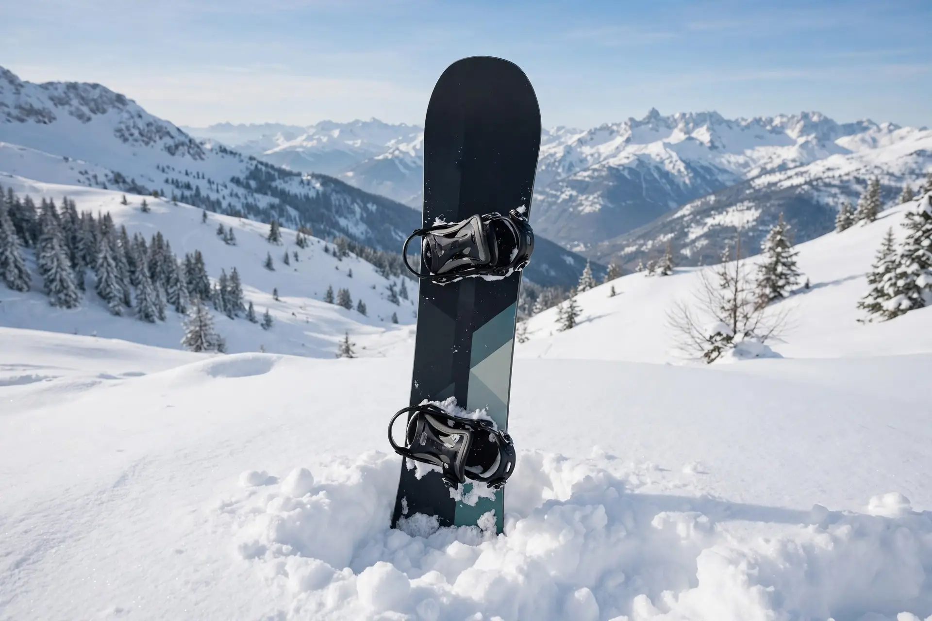 Snowboard standing in fresh powder snow