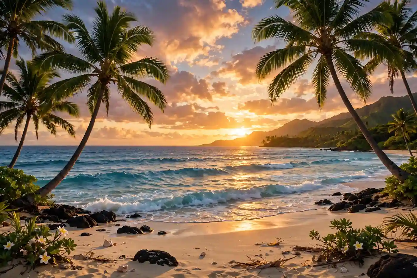 Hawaiian tropical beach with palm trees at sunset