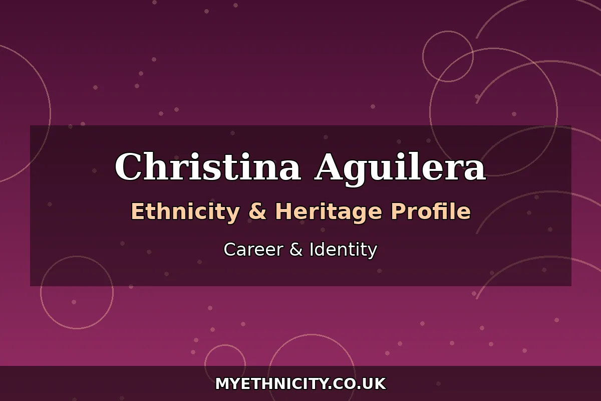 Stylized editorial graphic with music and stage themes illustrating Christina Aguilera's pop career and proud Latina identity