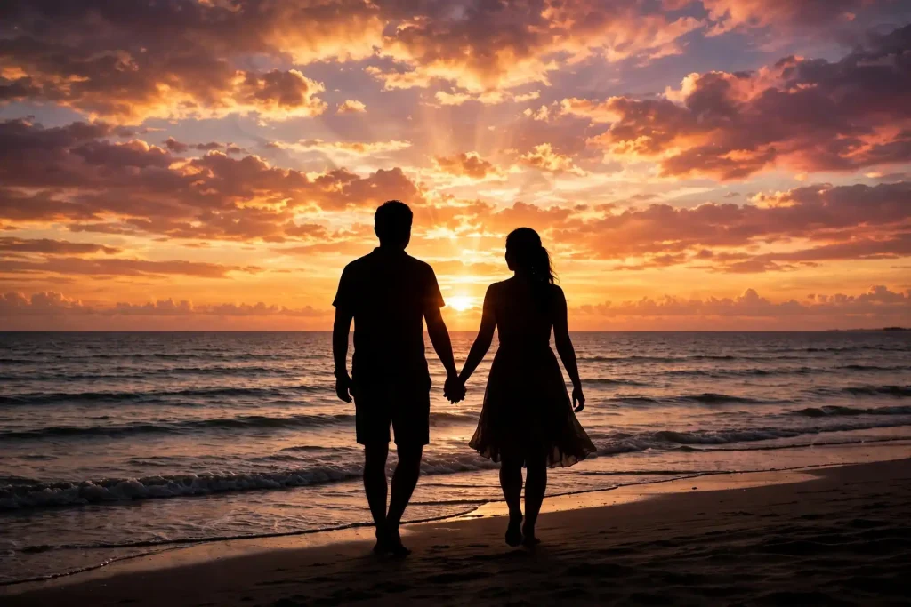 Couple holding hands on a beach at sunset