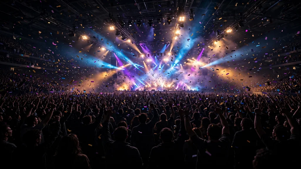 Massive pop concert arena with dramatic stage lights
